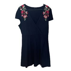 Zara Knit Faux Wrap Dress Womens Large Floral Embroidered Mini Dress Dark Blue